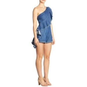 ALEXIS Blakely One Shoulder Denim Ruffle Romper M